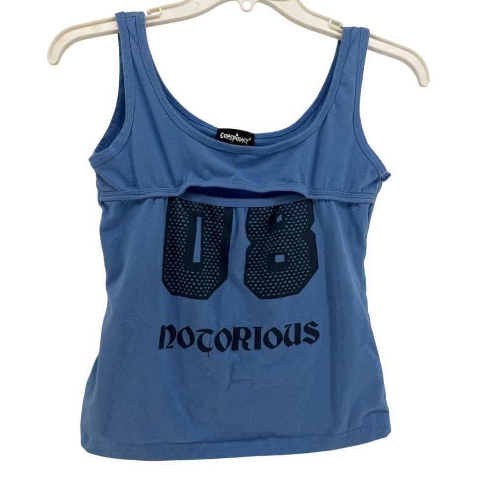 Conspiracy2 Tank Top Womens Medium Blue 08 Graphic Cami Cutout Streetwear Y2K